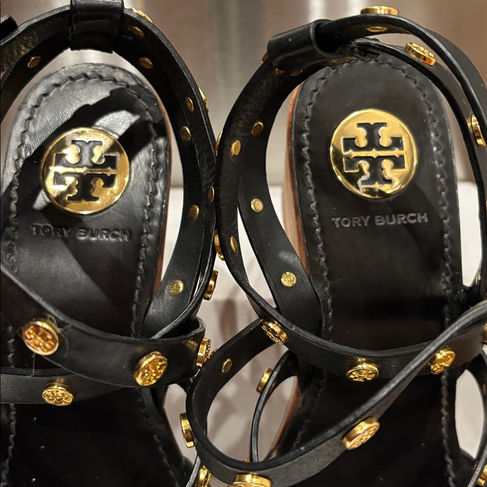 Tory Burch Women's Black Leather Studded Wedge Sandals - Picture 10 of 12